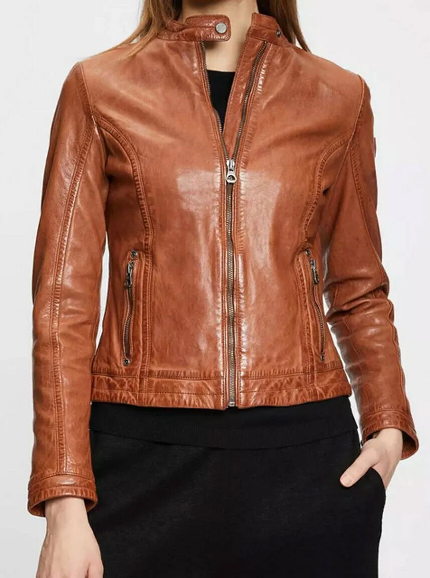 Blouson cuir femme cognac