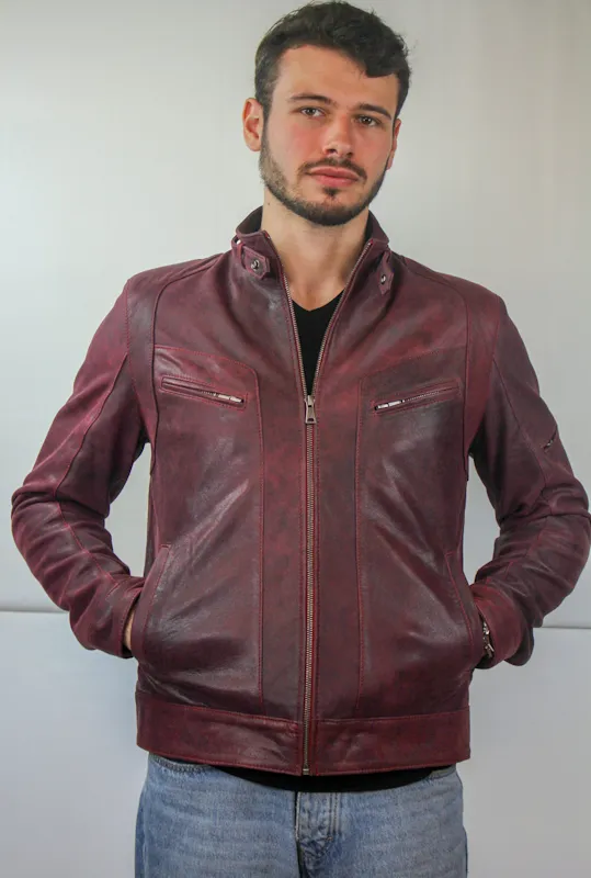 Blouson en Cuir craquelé Rouge "Milano" Homme - Vêtements cuir adaptés à votre morphologie - Itinérance Cuir