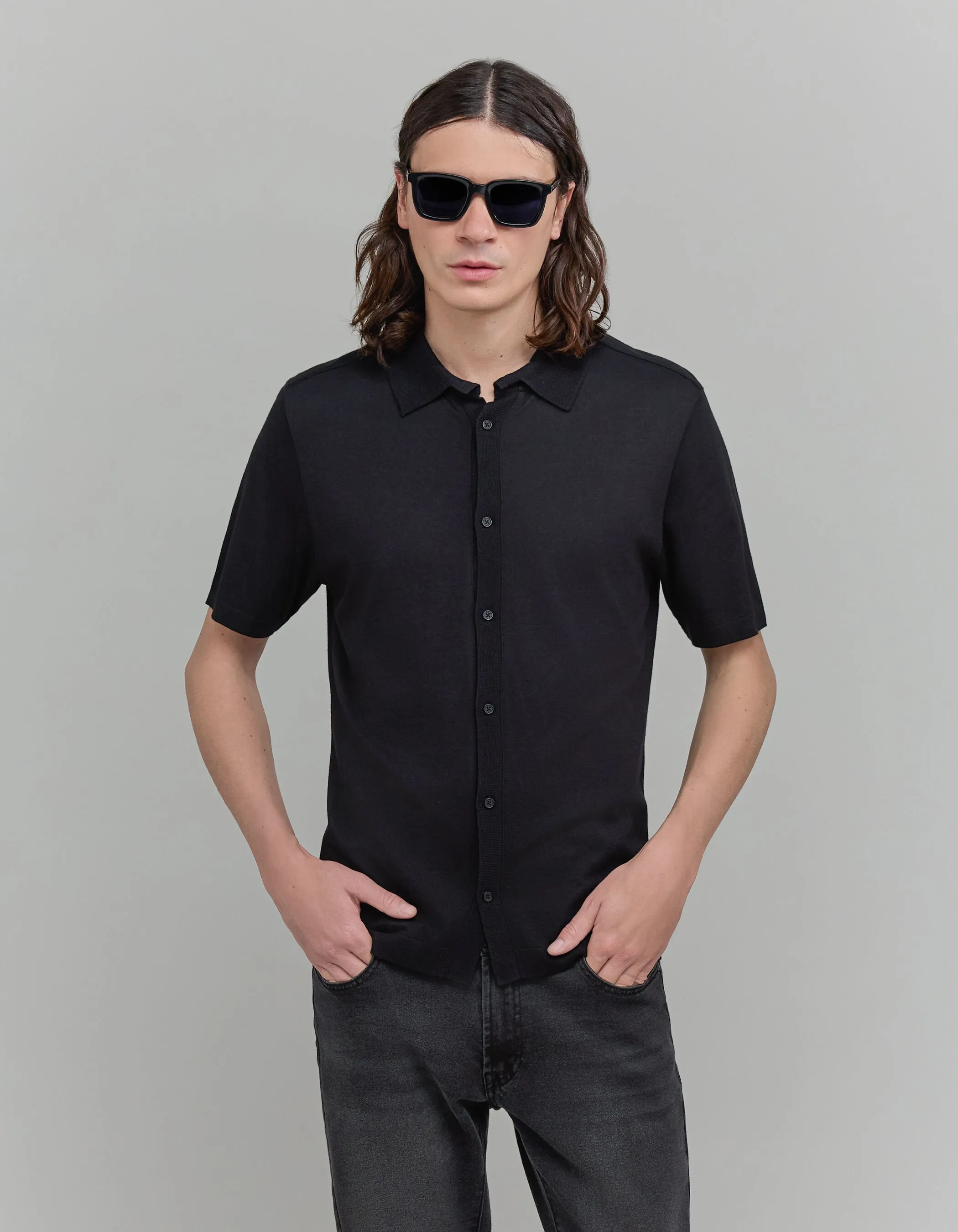 Chemise noire maille manches courtes Homme