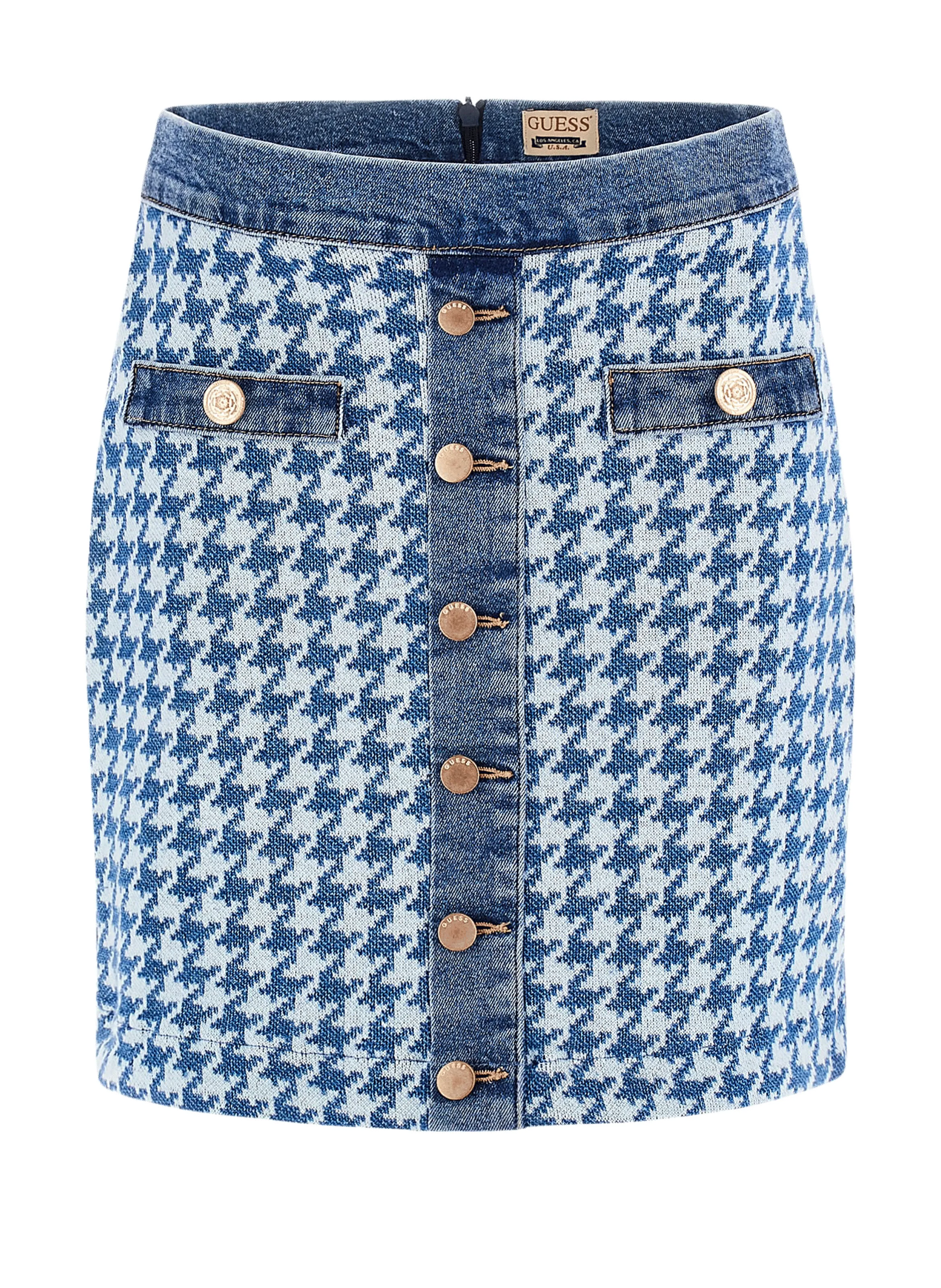 GUESS  Jupe denim motif pied-de-poule - Bleu