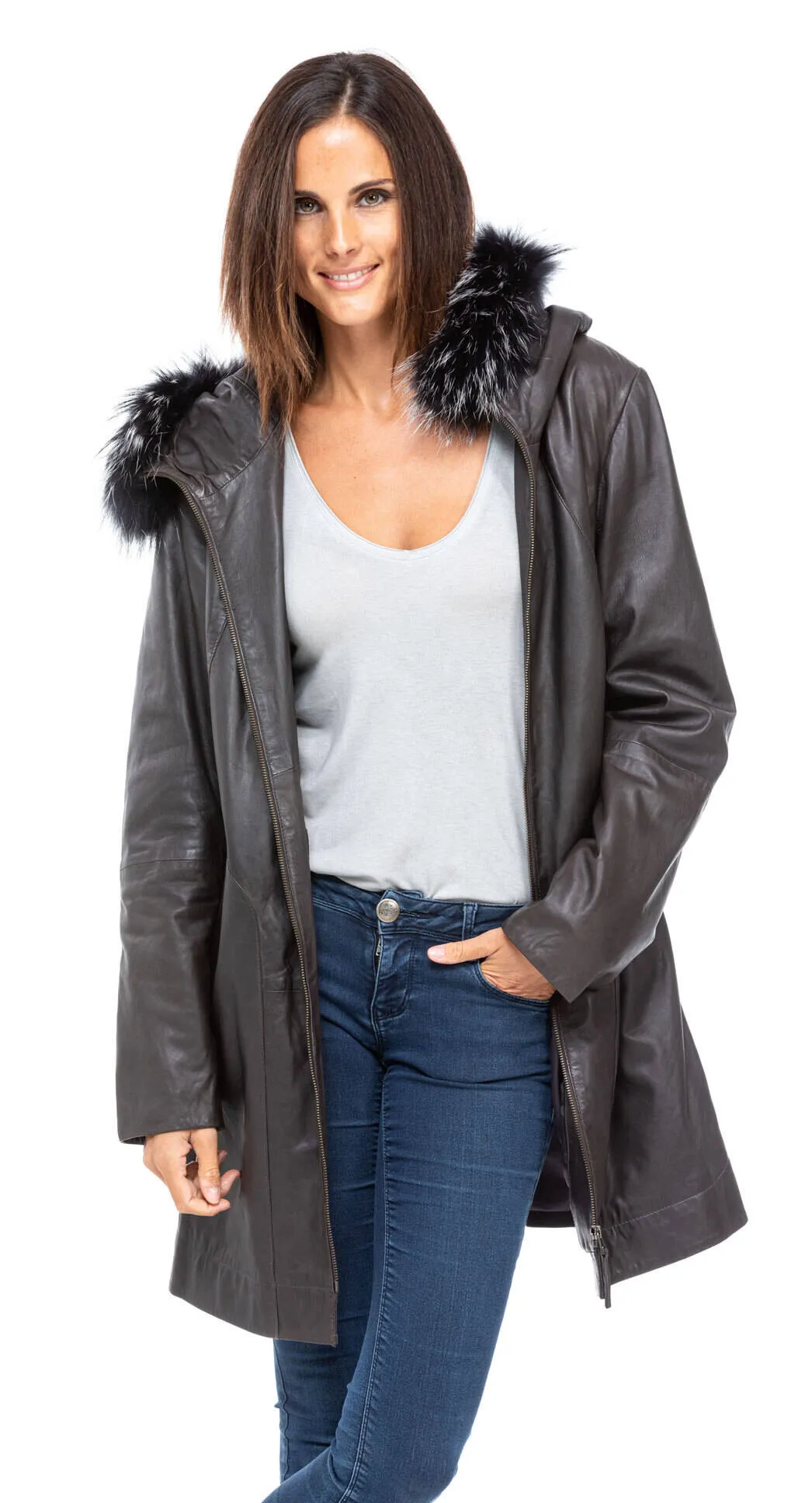 Manteau cuir femme gris