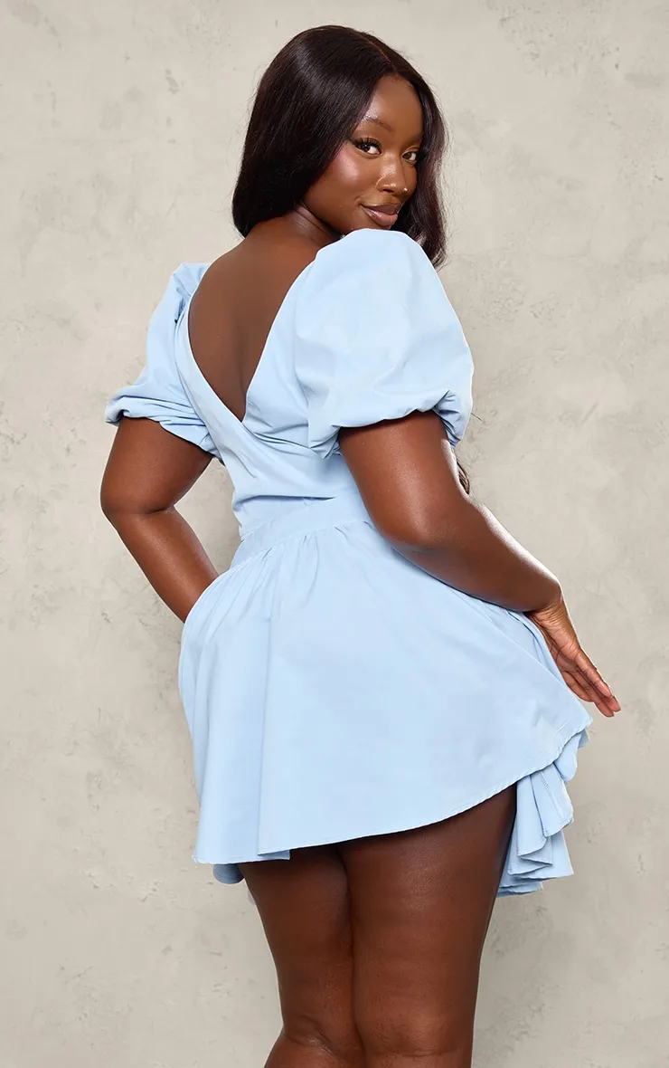 Plus Crop top bleu ciel à col V et manches bouffantes