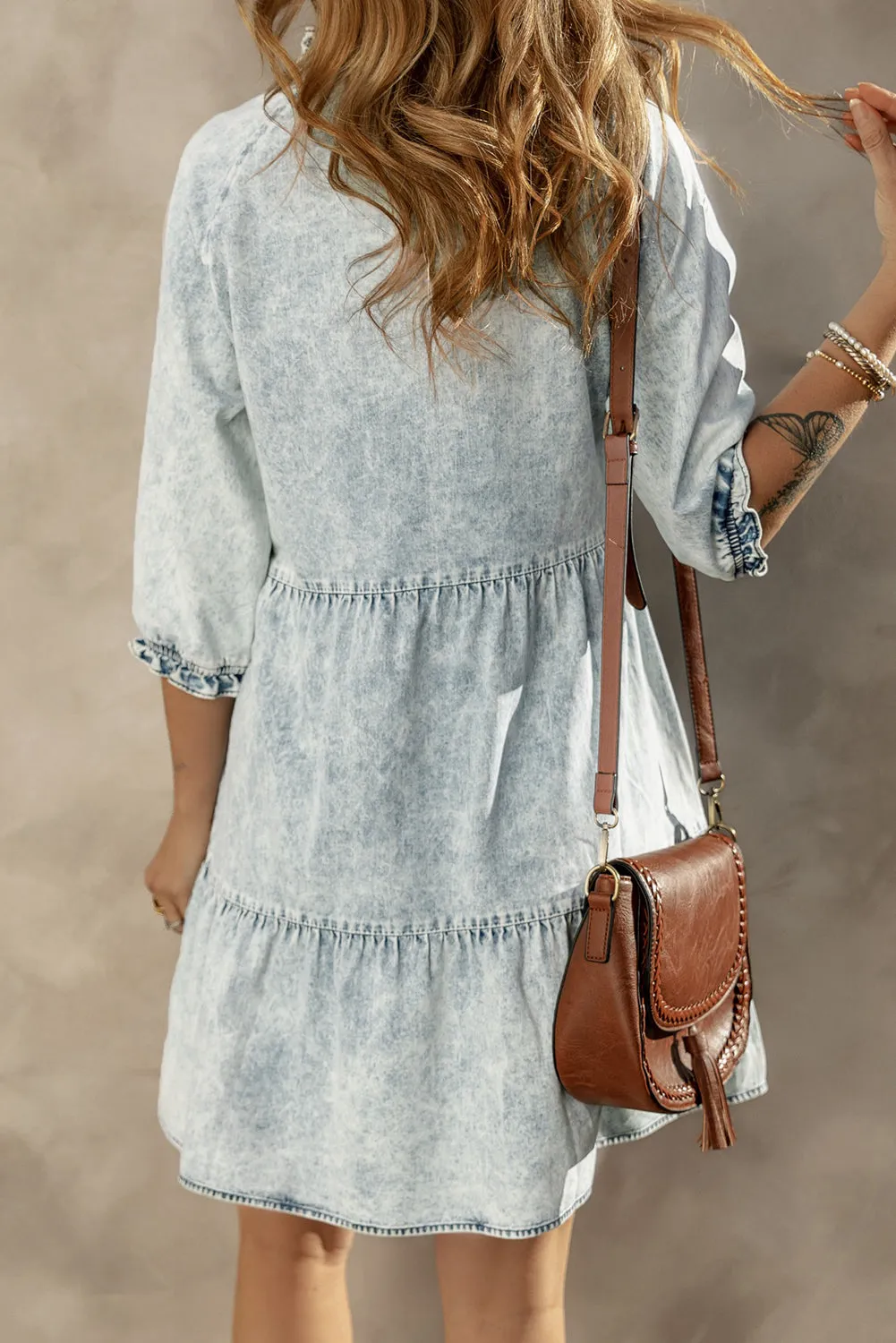 Robe en jean évasée rétro à manches mi-longues et délavée à l'acide bleu crépuscule