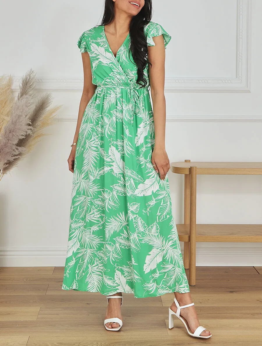 Robe longue col cache-coeur motif tropical - Vert