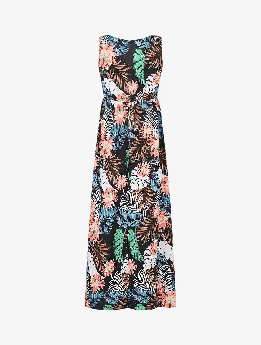 Robe longue col V torsadé imprimé tropical - Noir