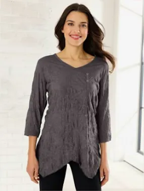 T-shirt asymétrique effet cache-coeur col en v manches 3/4