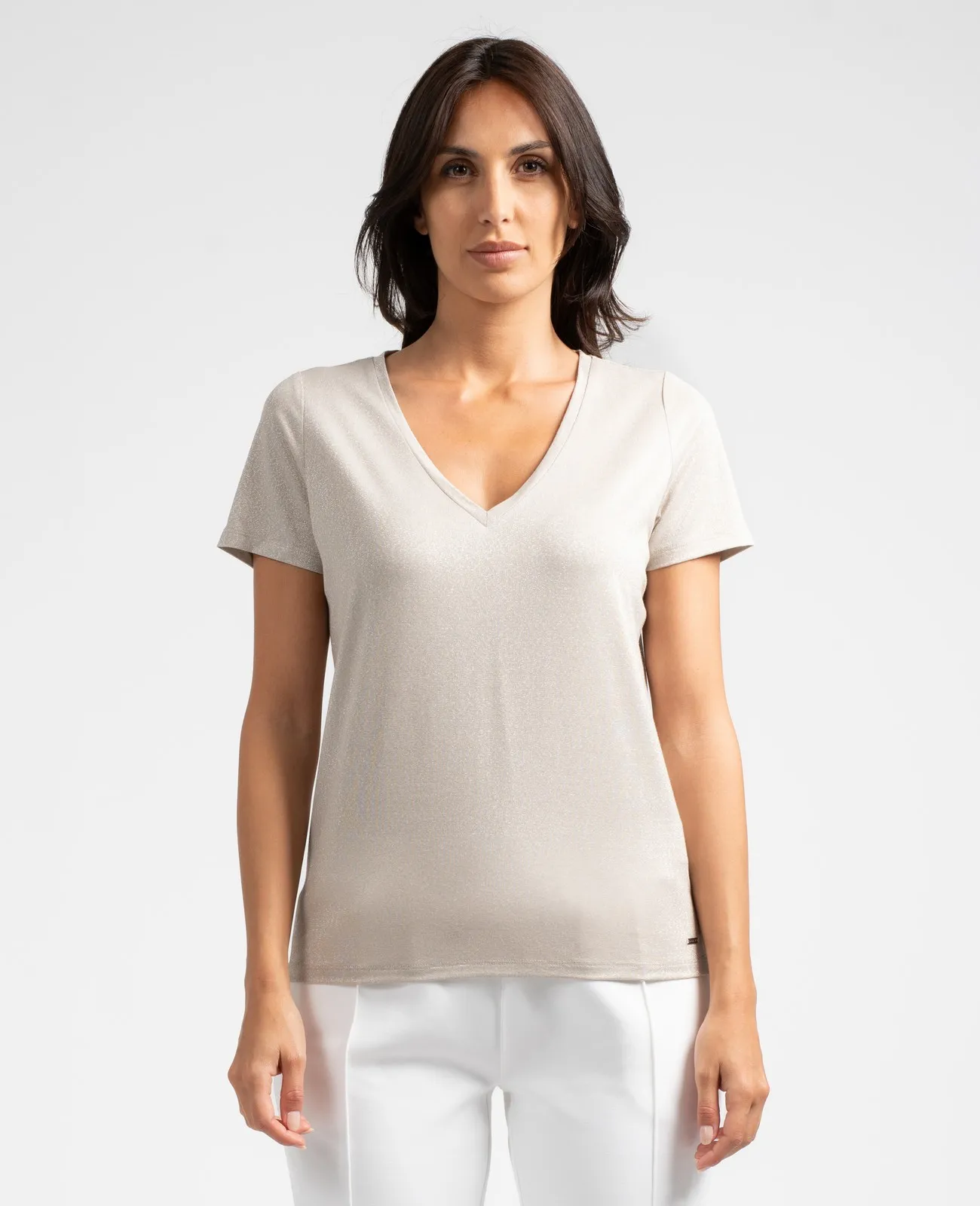T-shirt col V fil lurex