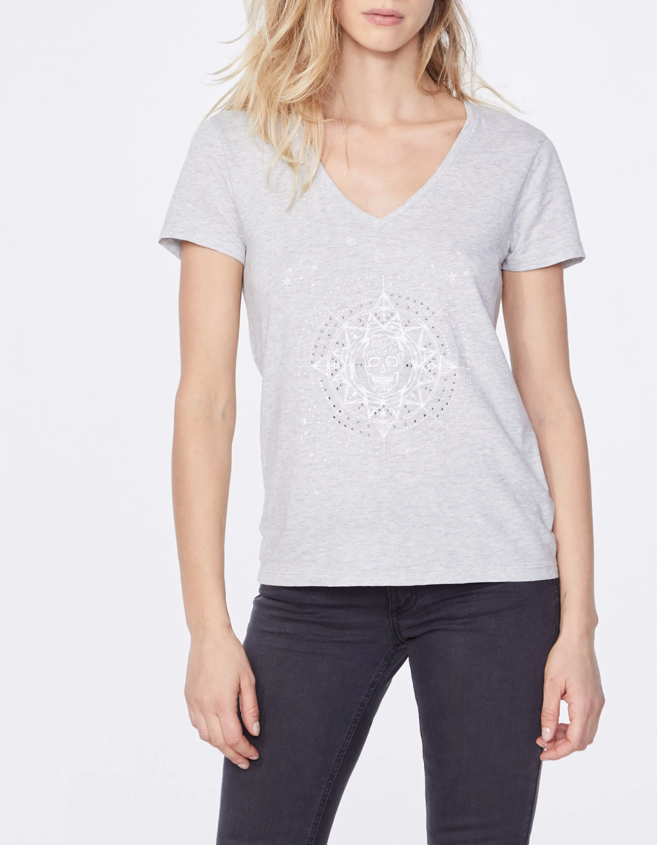 Tee-shirt col V gris coton flammé visuel imprimé