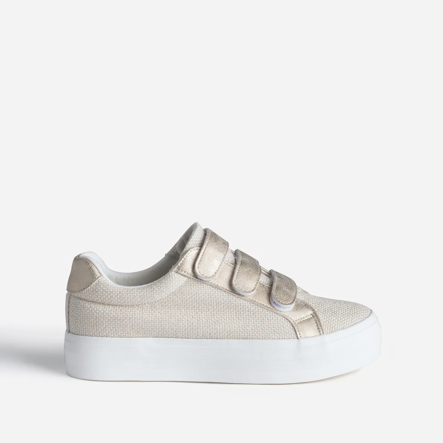 Tennis plateforme TEXTO beige à scratchs dorés - Toiles Femme | ERAM