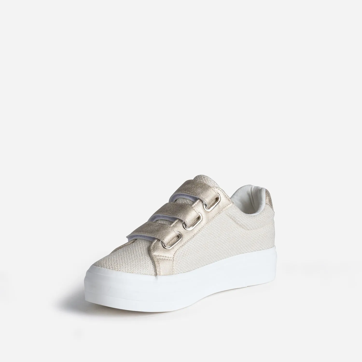 Tennis plateforme TEXTO beige à scratchs dorés - Toiles Femme | ERAM