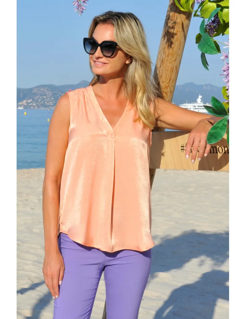 TOP CHIC PÊCHE SATINÉ COL V