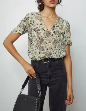 Top en viscose imprimé floral army épaulettes femme