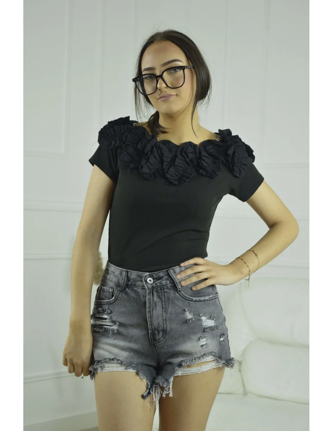 TOP FLEUR - FEMME - NOIR
