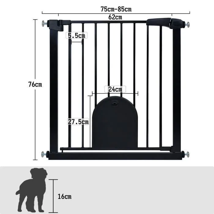 UISEBRT 75-85cm Extensible Barrière de Sécurité avec Chatière Fermeture Automatique sans Perçage pour Enfants et Animaux Noir